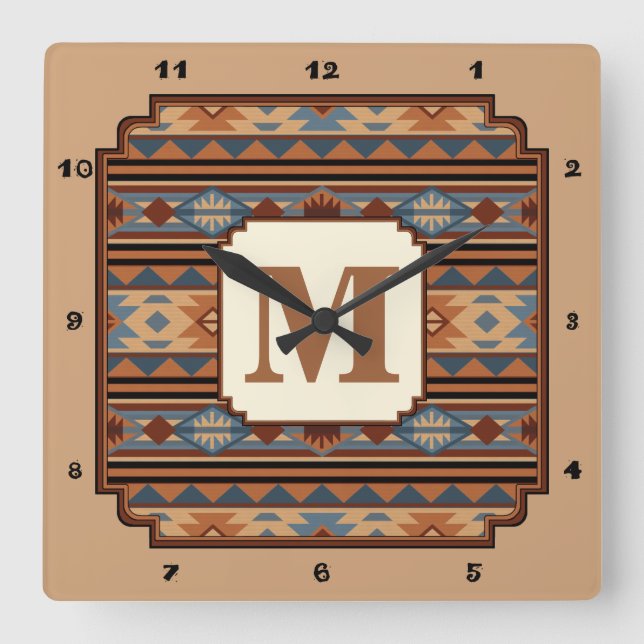 Reloj Cuadrado Diseño del Suroeste Patrón Tribal de Adobe Gray Br (Anverso)