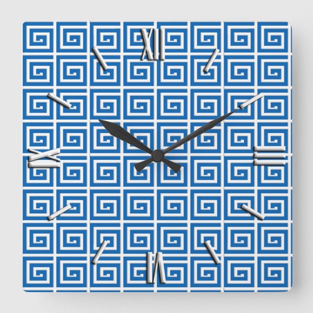 Reloj Cuadrado Diseño dominante griego - azul y blanco (Anverso)