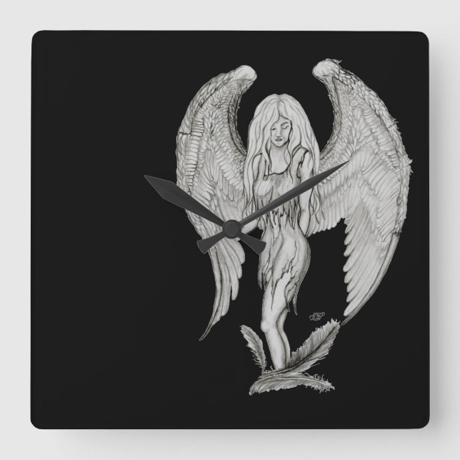 Reloj Cuadrado Diseño en blanco y negro de ángel (Anverso)