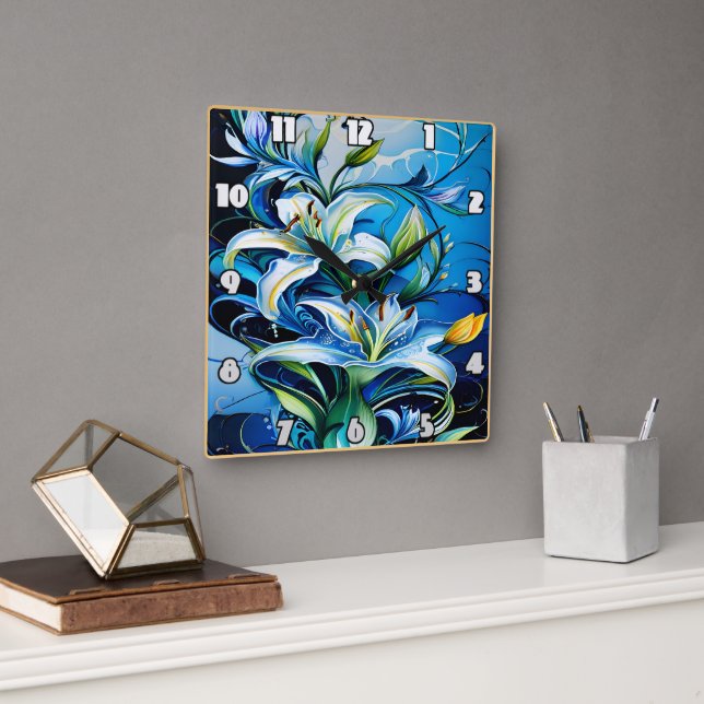 Reloj Cuadrado Diseño Floral Blue Lily Con Patrones De Giro (Oficina)