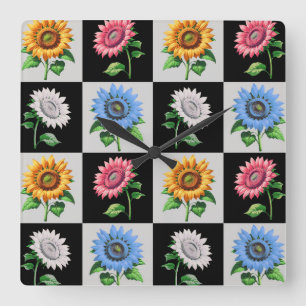 Reloj Cuadrado Diseño floral de girasol multicolor a cuadros