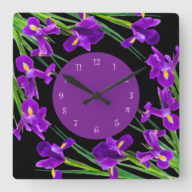Reloj Cuadrado Diseño floral de Iris morado (Anverso)