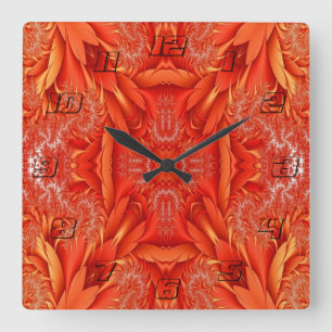 Reloj Cuadrado Diseño fractal de plumas delgadas - rojo