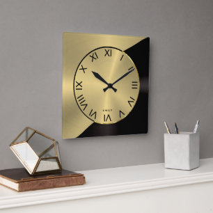 Reloj Cuadrado Diseño geométrico metálico moderno en negro y dora