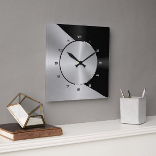 Reloj Cuadrado Diseño geométrico metálico moderno negro y plata 2