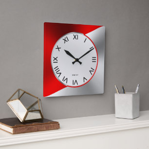 Reloj Cuadrado Diseño geométrico metálico moderno rojo y plata