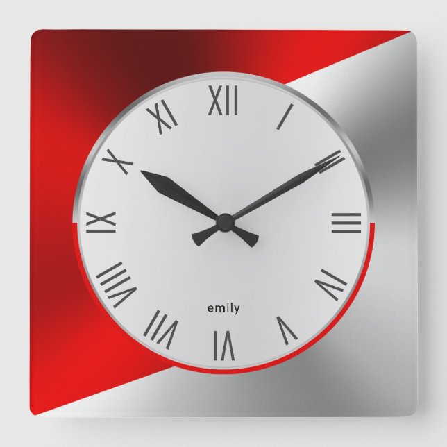 Reloj Cuadrado Diseño geométrico metálico moderno rojo y plateado (Anverso)