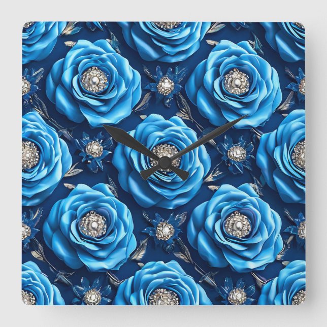 Reloj Cuadrado Diseño Moderno de Rosa de Lujo Azul (Anverso)