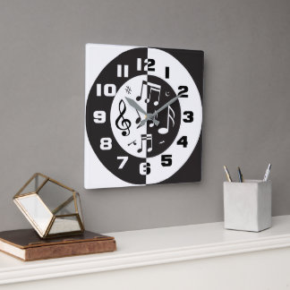 Reloj Cuadrado Diseño musical contemporáneo en blanco y negro