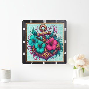 Reloj Cuadrado Diseño naumático de anclaje turquesa