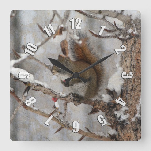 Reloj Cuadrado Diseño navideño de ardilla de invierno, nieve y ba (Anverso)
