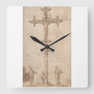 Reloj Cuadrado Diseño para un Crucifijo con la Virgen María