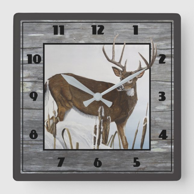 Reloj Cuadrado Diseño rústico del venado de cola blanca (Anverso)