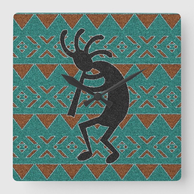 Reloj Cuadrado Diseño tribal Kokopelli de la turquesa (Anverso)