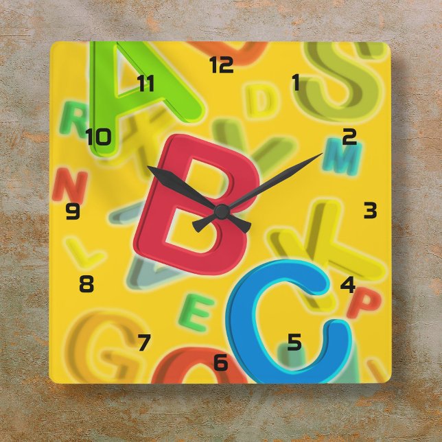 Reloj Cuadrado Diversión Colorido ABC Moderno (Fun Modern Colorful ABC Square Wall Clock)