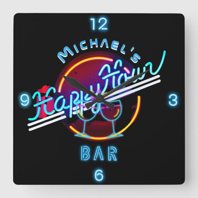 Reloj Cuadrado Diversión Personalizada Mancave Bar Den Happy Hour (Anverso)