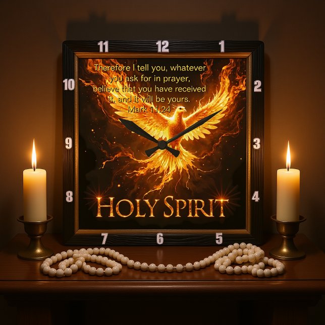 Reloj Cuadrado Divine Flame Holy Spirit Phoenix Mark 11:24 Verse (Subido por el creador)