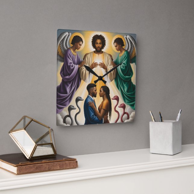 Reloj Cuadrado Divine Protection Black Couple Decorated Clock (Oficina)