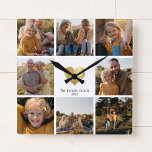 Reloj Cuadrado DIY Collage de fotos familiar moderno corazón de o<br><div class="desc">Haz tu propio mantenimiento familiar con este reloj de pared de corazón dorado impreso de 8 fotos con tu nombre y año de familia personalizado. ¡Un gran regalo para los abuelos!</div>