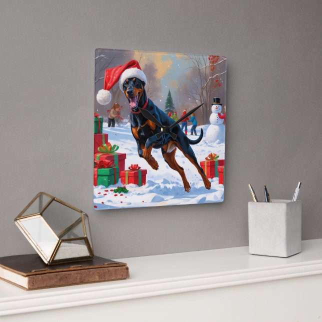 Reloj Cuadrado Doberman corre en Nieve con Gorra Navidad (Oficina)