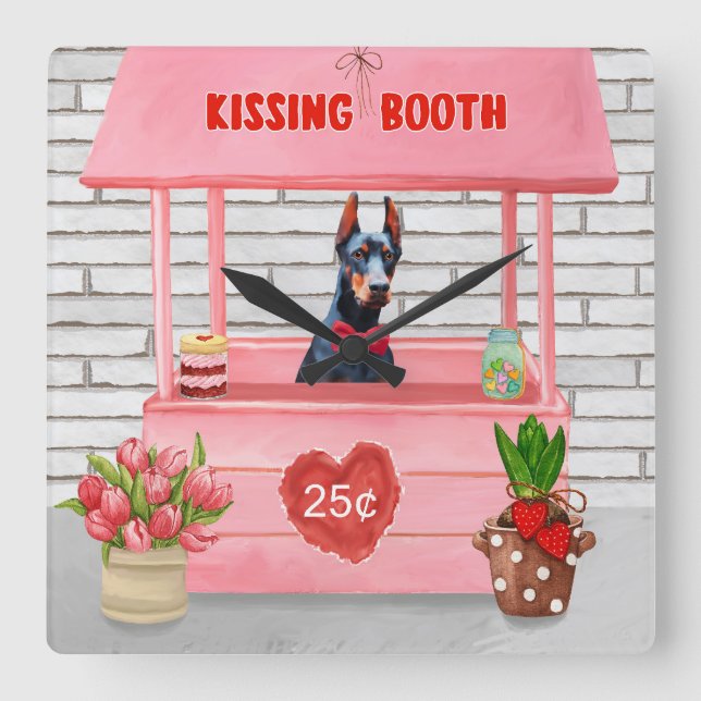 Reloj Cuadrado Doberman Dog El día de San Valentín Kissing Booth (Anverso)