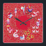 Reloj Cuadrado Doce días de Navidades, estilo2<br><div class="desc">Doce días de reloj de Navidades Diseño basado en el tradicional carol de Navidades.</div>