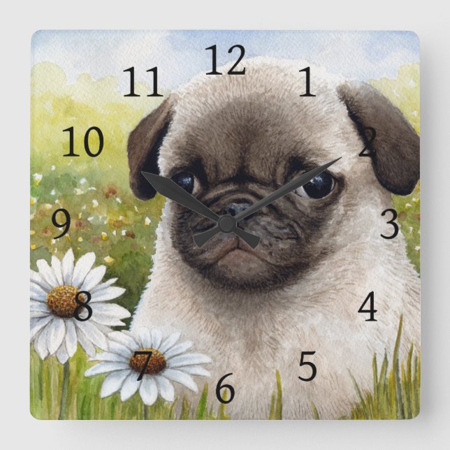Reloj Cuadrado Dog 114 Pug Daisy flower (Anverso)