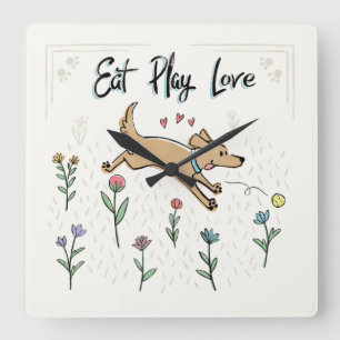 Reloj Cuadrado Dogs in the Garden II   Eat Play Love