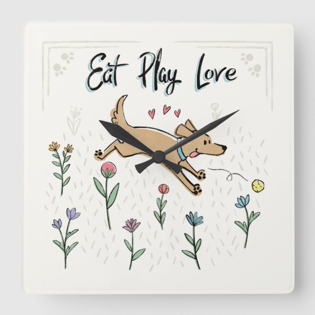 Reloj Cuadrado Dogs in the Garden II | Eat Play Love (Anverso)