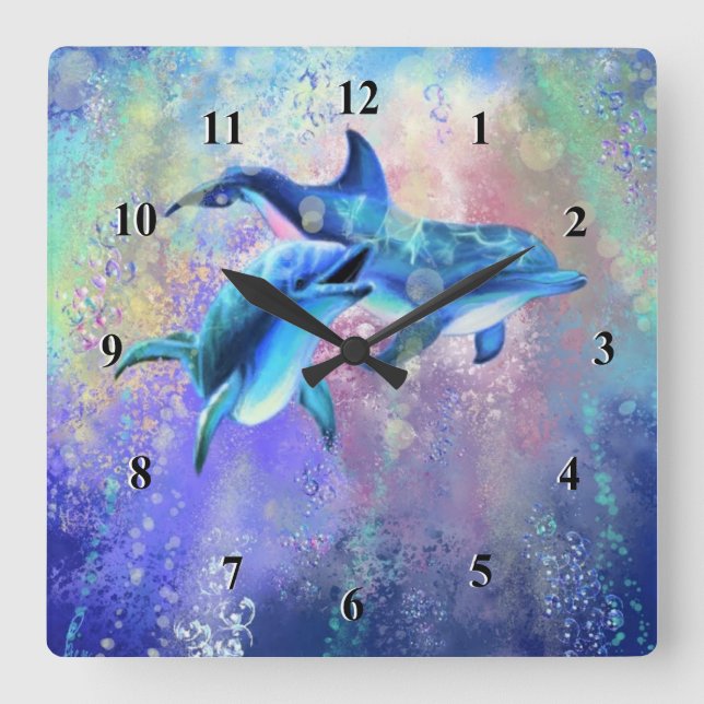 Reloj Cuadrado Dolphin Family Wall Clock Pareja (Anverso)