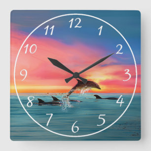 Reloj Cuadrado Dolphins Beach Sunset Nautical