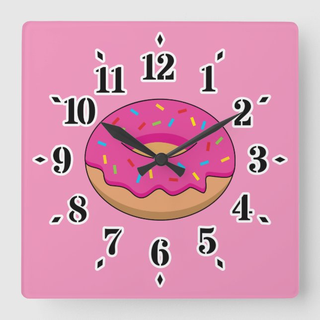Reloj Cuadrado Donut de fresa con Personalizado Sprinkles (Anverso)