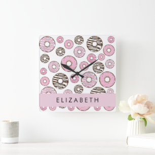 Reloj Cuadrado Donuts rosados, Donuts blancos, rociadores, tu nom