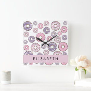 Reloj Cuadrado Donuts rosados, Donuts morados, salpicaduras, tu n