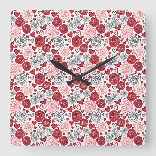 Reloj Cuadrado Doodle Art Style Red Pink Roses Hearts Valentine's (Anverso)