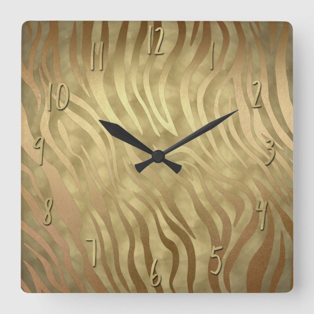 Reloj Cuadrado Dorado Lujo Lujoso Zebra Jungle Safari Glam (Anverso)