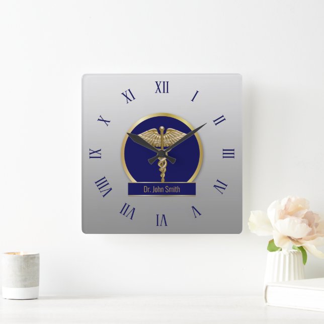Reloj Cuadrado Dorado Profesional Médico Caduceus Nombre Azul (Hogar)