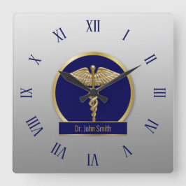 Reloj Cuadrado Dorado Profesional Médico Caduceus Nombre Azul