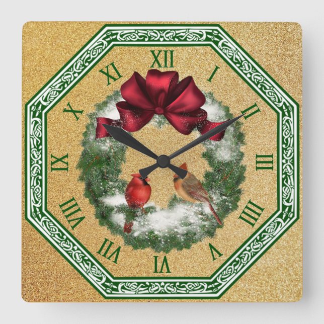 Reloj Cuadrado Dos cardenales ~ Navidades Snowowy Wreath ~ Red Bo (Anverso)