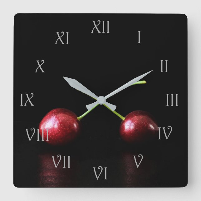 Reloj Cuadrado Dos cerezas Gris Script Números romanos wca (Anverso)