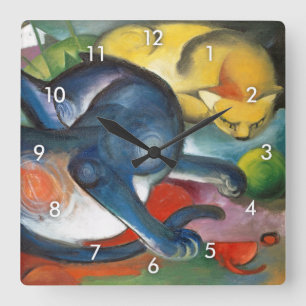 Reloj Cuadrado Dos gatos, azul y amarillo, Franz Marc
