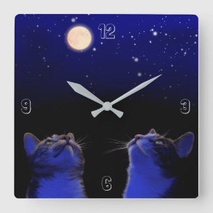 Reloj Cuadrado Dos gatos observan luna y estrellas