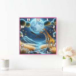 Reloj Cuadrado Dos jirafas bajo la luna brillante en África