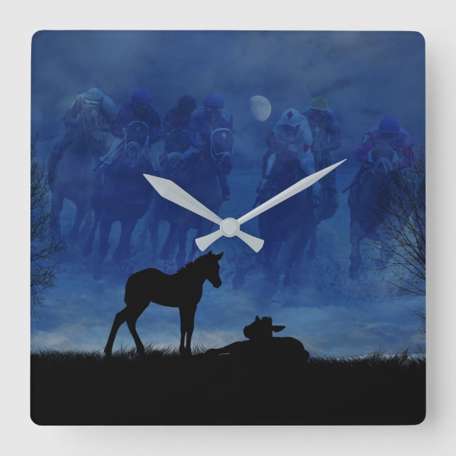 Reloj Cuadrado Dos Racehorse Troroughbred Fool Clock Pared (Anverso)