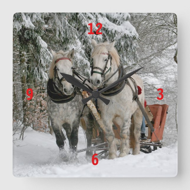 Reloj Cuadrado Draft Horses Pulling Sleigh (Anverso)