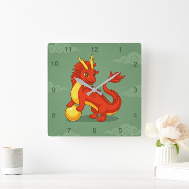 Reloj Cuadrado Dragón Chino Rojo sobre Verde (Hogar)