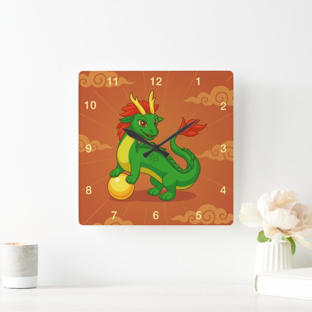 Reloj Cuadrado Dragón Chino Verde sobre Rojo (Hogar)