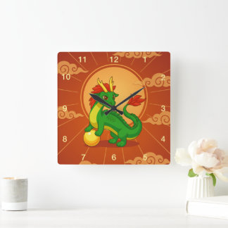 Reloj Cuadrado Dragón Chino Verde sobre Rojo