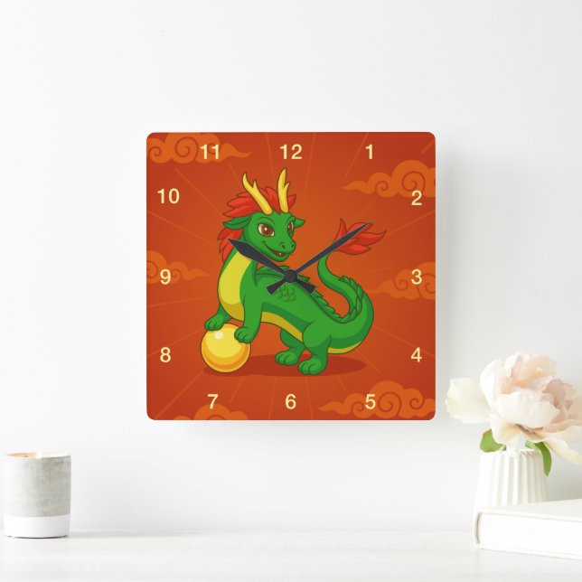 Reloj Cuadrado Dragón Chino Verde sobre Rojo (Hogar)