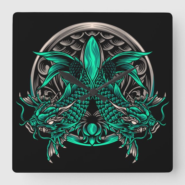 Reloj Cuadrado Dragon Koi Fish (Anverso)